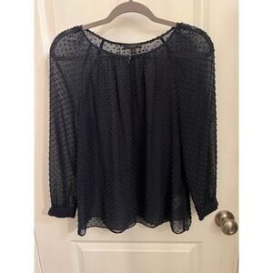 J. Crew Women's Navy Blue Silk Swiss Dot Textured 2 Blouse Peasant Keyhole Sheer